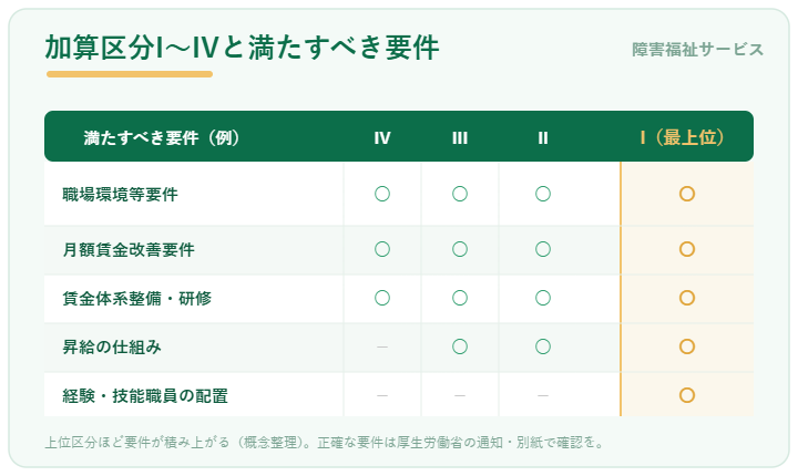 福祉・介護職員等処遇改善加算 区分I〜IVと満たすべき要件(キャリアパス要件・月額賃金改善要件・職場環境等要件)の対応図